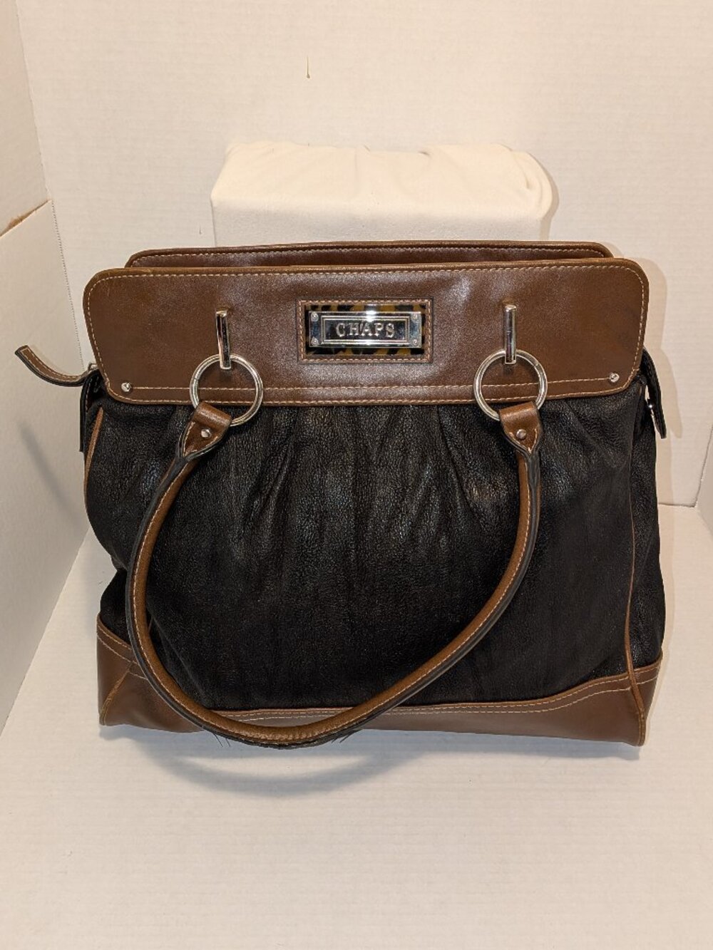 Ralph Lauren Chaps Large Salerno Black & Brown Leather Purse Tote Bag Multi Pock